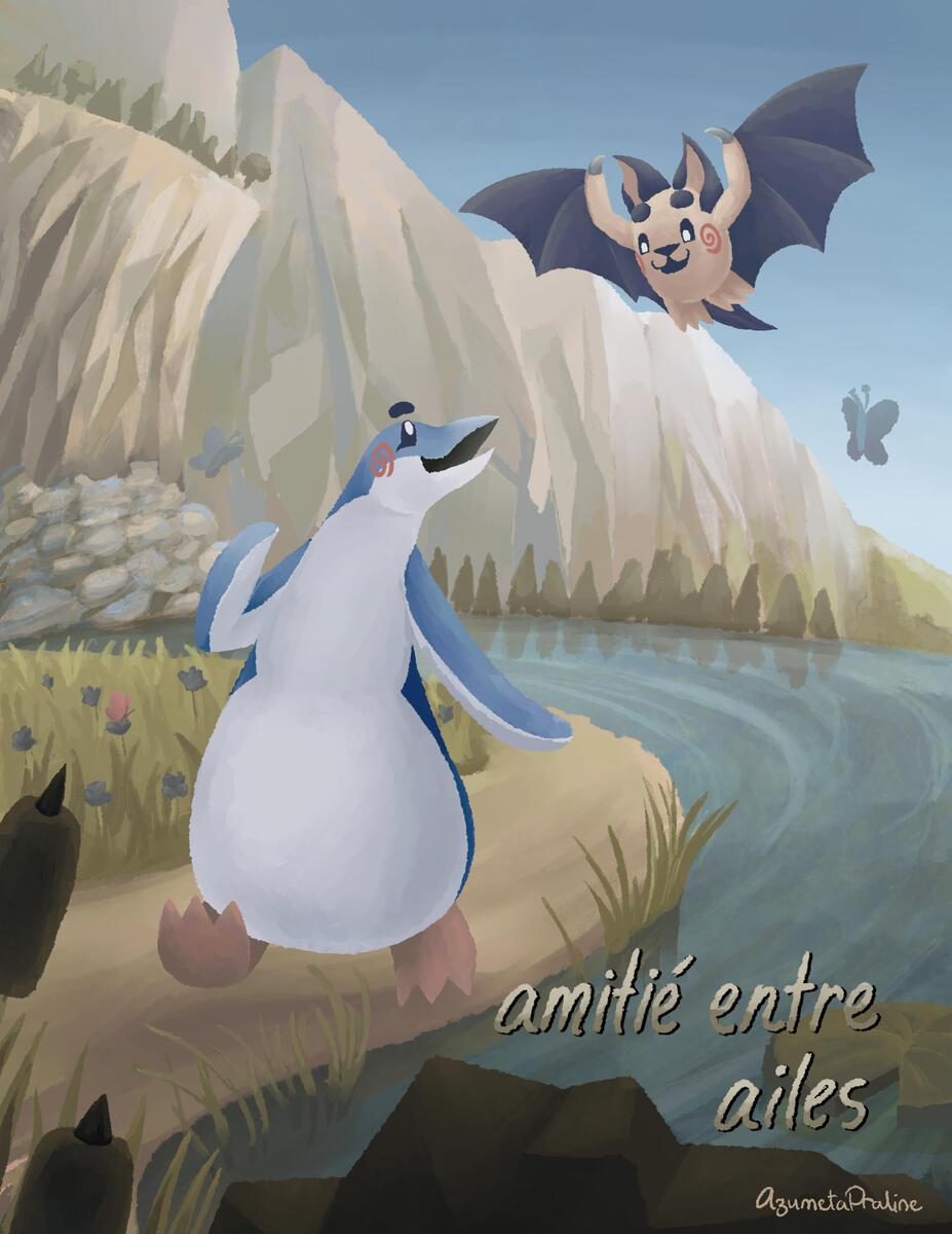 Poster for the short film "Amitié entre ailes". Features two friends, a bat and a penguin.