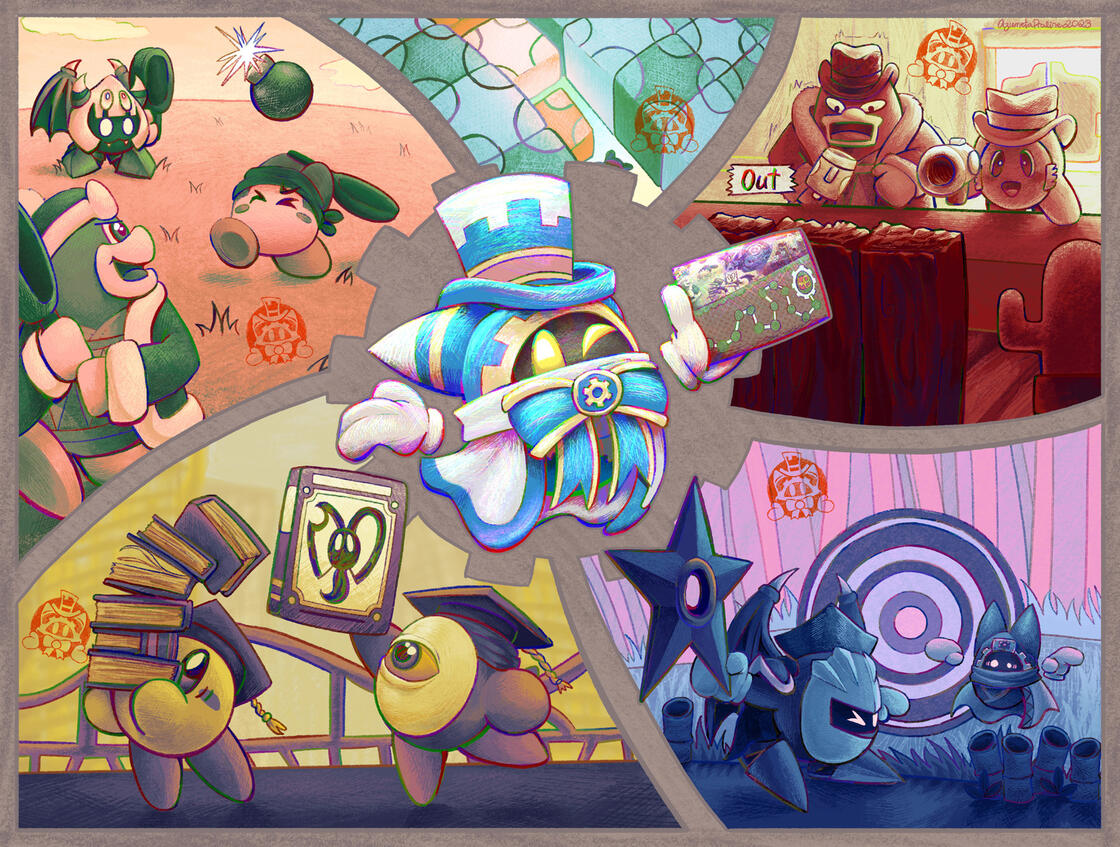 Piece for the "Magolor Collab" zine. Inspired from the Kirby series. Characters: Magolor, Kirby, Meta Knight, King Dedede, Bandana Waddle Dee.